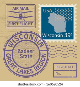 Grunge rubber stamp set with name of Wisconsin, vector illustration