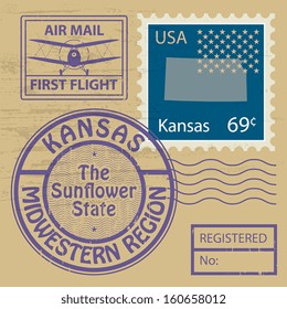 Grunge rubber stamp set with name of Kansas, vector illustration