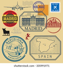Grunge rubber stamp set with the name and map of Spain, vector illustration