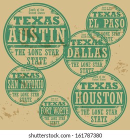 Grunge rubber stamp set with names of Texas cities, vector illustration