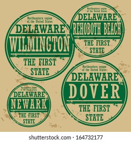 Grunge rubber stamp set with names of Delaware cities, vector illustration