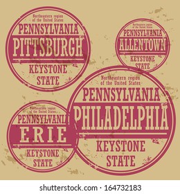 Grunge rubber stamp set with names of Pennsylvania cities, vector illustration