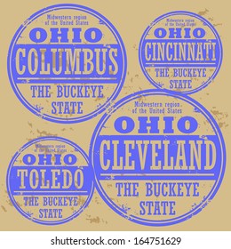 Grunge rubber stamp set with names of Ohio cities, vector illustration