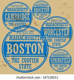 Grunge rubber stamp set with names of Massachusetts cities, vector illustration