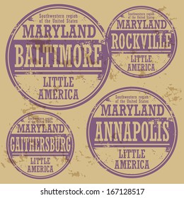 Grunge rubber stamp set with names of Maryland cities, vector illustration