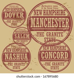 Grunge rubber stamp set with names of New Hampshire cities, vector illustration