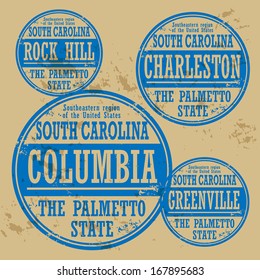 Grunge rubber stamp set with names of South Carolina cities, vector illustration
