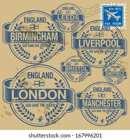 Grunge rubber stamp set with names of England cities, vector illustration