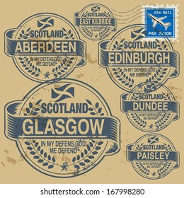 Grunge rubber stamp set with names of Scotland cities, vector illustration