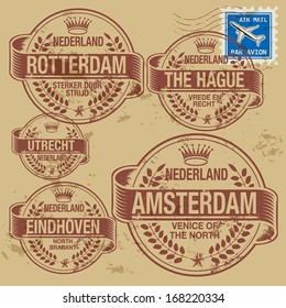 Grunge rubber stamp set with names of Netherlands cities, vector illustration