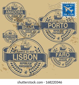 Grunge rubber stamp set with names of Portugal cities, vector illustration