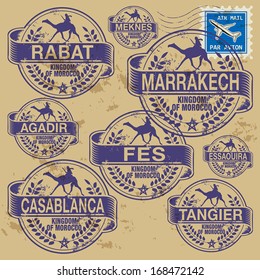 Grunge rubber stamp set with names of Morocco cities, vector illustration