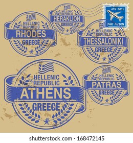 Grunge rubber stamp set with names of Greece cities, vector illustration