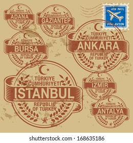 Grunge rubber stamp set with names of Turkey cities, vector illustration