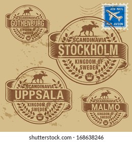 Grunge rubber stamp set with names of Sweden cities, vector illustration