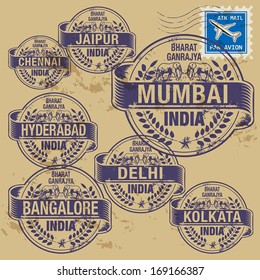 Grunge rubber stamp set with names of India cities, vector illustration