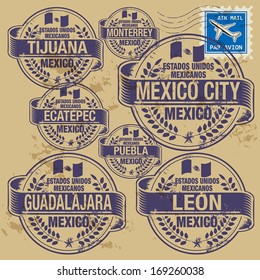 Grunge rubber stamp set with names of Mexico cities, vector illustration