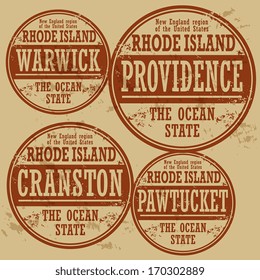 Grunge rubber stamp set with names of Rhode Island cities, vector illustration