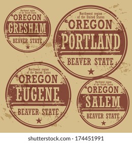 Grunge rubber stamp set with names of Oregon cities, vector illustration