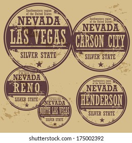 Grunge rubber stamp set with names of Nevada cities, vector illustration