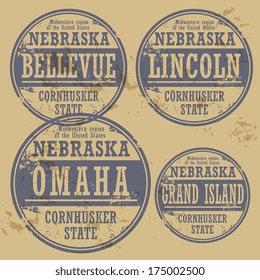 Grunge rubber stamp set with names of Nebraska cities, vector illustration