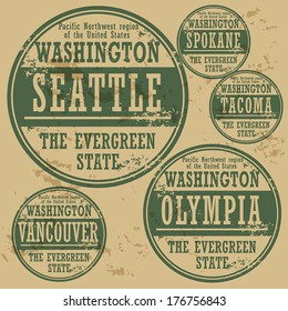 Grunge rubber stamp set with names of Washington cities, vector illustration