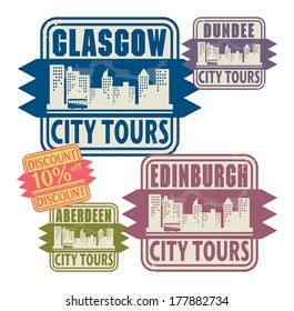 Grunge rubber stamp set with names of Scotland cities, vector illustration
