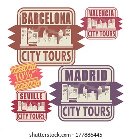 Grunge rubber stamp set with names of Spain cities, vector illustration