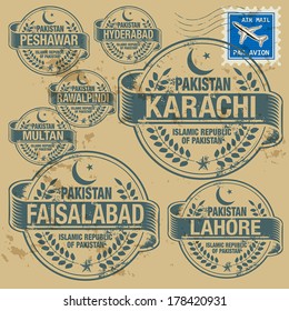 Grunge rubber stamp set with names of Pakistan cities, vector illustration