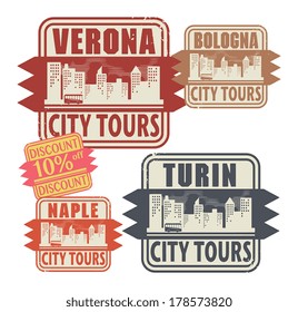 Grunge rubber stamp set with names of Italy cities, vector illustration