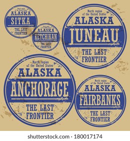 Grunge rubber stamp set with names of Alaska cities, vector illustration