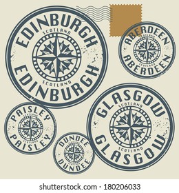 Grunge rubber stamp set with names of Scotland cities, vector illustration