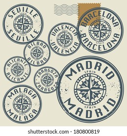 Grunge rubber stamp set with names of Spain cities, vector illustration