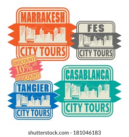 Grunge rubber stamp set with names of Morocco cities, vector illustration