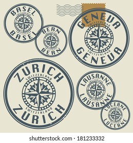 Grunge rubber stamp set with names of Switzerland cities, vector illustration