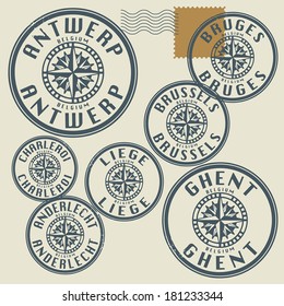 Grunge rubber stamp set with names of Belgium cities, vector illustration