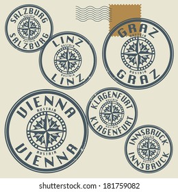 Grunge rubber stamp set with names of Austria cities, vector illustration