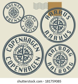 Grunge rubber stamp set with names of Denmark cities, vector illustration