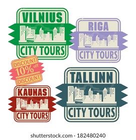 Grunge rubber stamp set with names of Lithuania, Latvia and Estonia cities, vector illustration