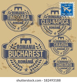 Grunge rubber stamp set with names of Romania cities, vector illustration