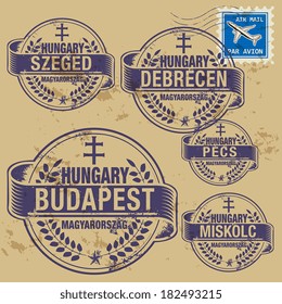 Grunge rubber stamp set with names of Hungary cities, vector illustration