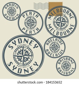 Grunge rubber stamp set with names of Australia cities, vector illustration