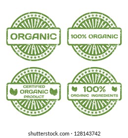 Grunge Rubber Stamp Set. Organic Product, Certified. Vector Illustration