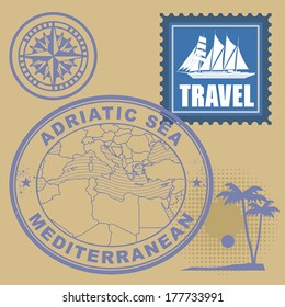 Grunge rubber stamp set with text Mediterranean, Adriatic Sea, vector illustration