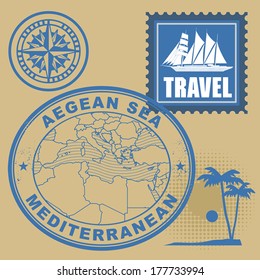 Grunge rubber stamp set with text Mediterranean, Aegean Sea, vector illustration