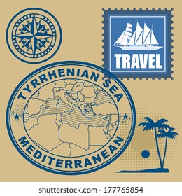 Grunge rubber stamp set with text Mediterranean, Tyrrhenian Sea, vector illustration