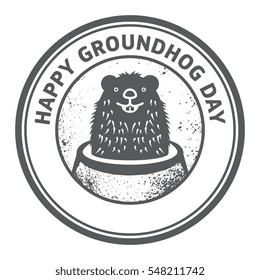 Grunge rubber stamp or sign with cute groundhog and text Happy Groundhog Day, vector illustration