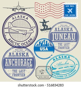 Grunge rubber stamp and signs set with the name and map of Alaska, United States, vector illustration