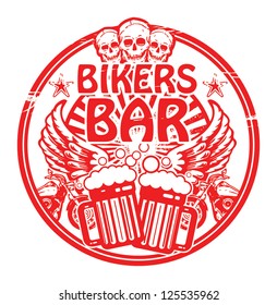 Grunge rubber stamp with skull and the words Bikers Bar inside, vector illustration