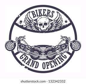 Grunge rubber stamp with skull and the words Bikers Grand opening inside, vector illustration